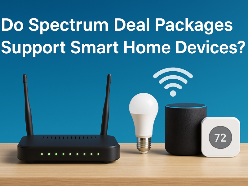 WiFi router with smart light bulb, smart speaker, and thermostat showcasing support for smart home devices with Spectrum deal packages.