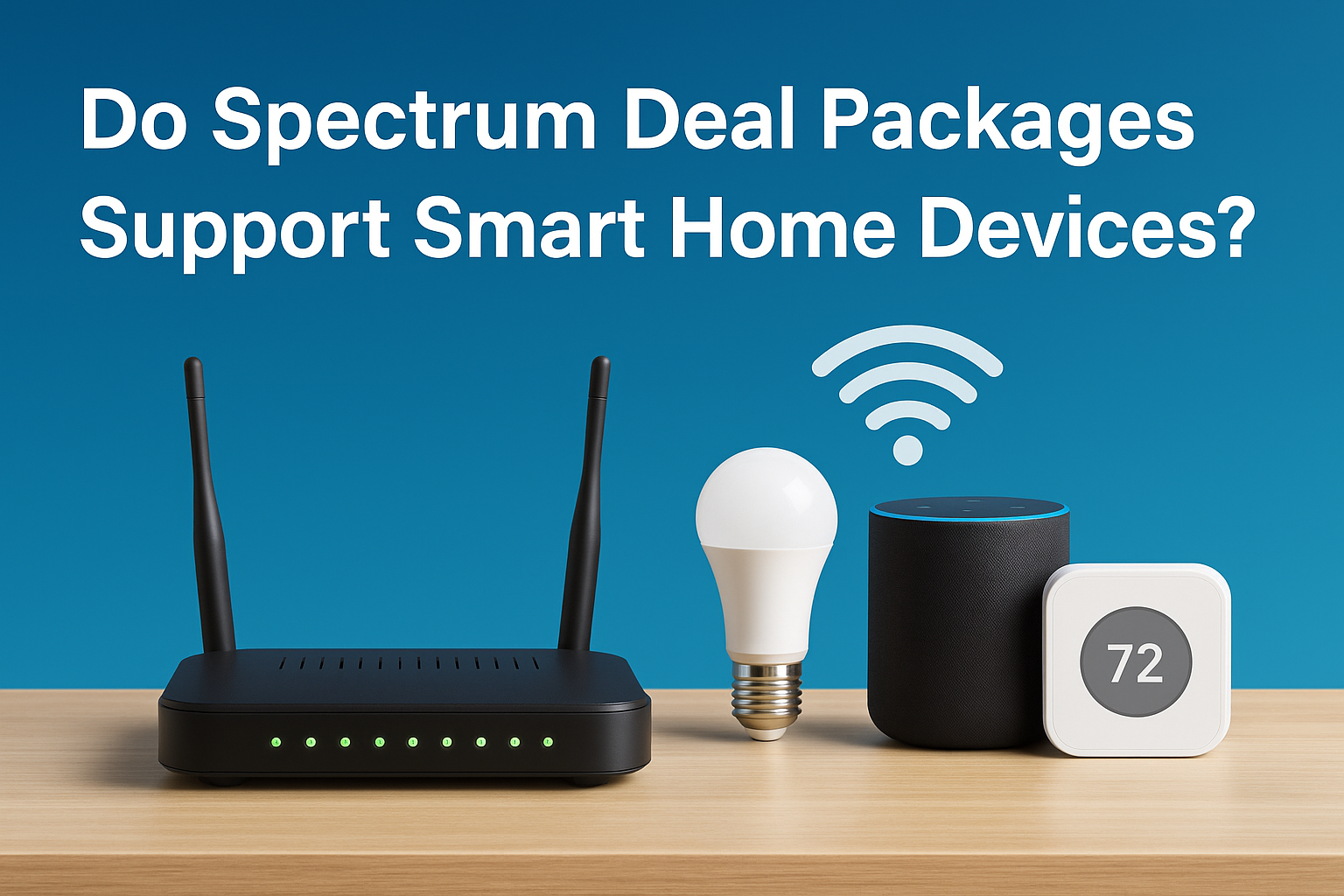 WiFi router with smart light bulb, smart speaker, and thermostat showcasing support for smart home devices with Spectrum deal packages.