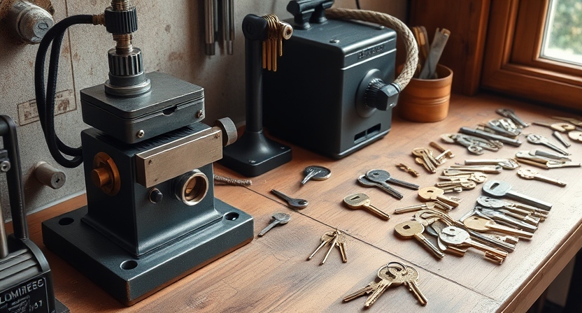 Professional locksmith workshop counter with key cutting equipment and various brass blanks