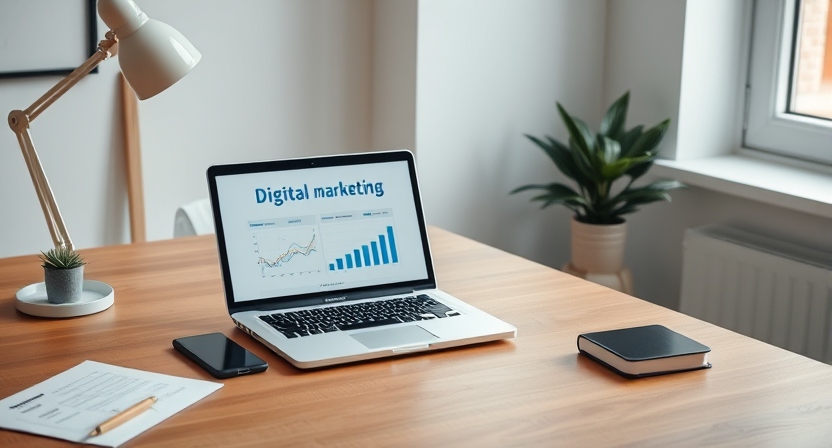 Modern office workspace with a laptop displaying digital marketing analytics and strategic charts